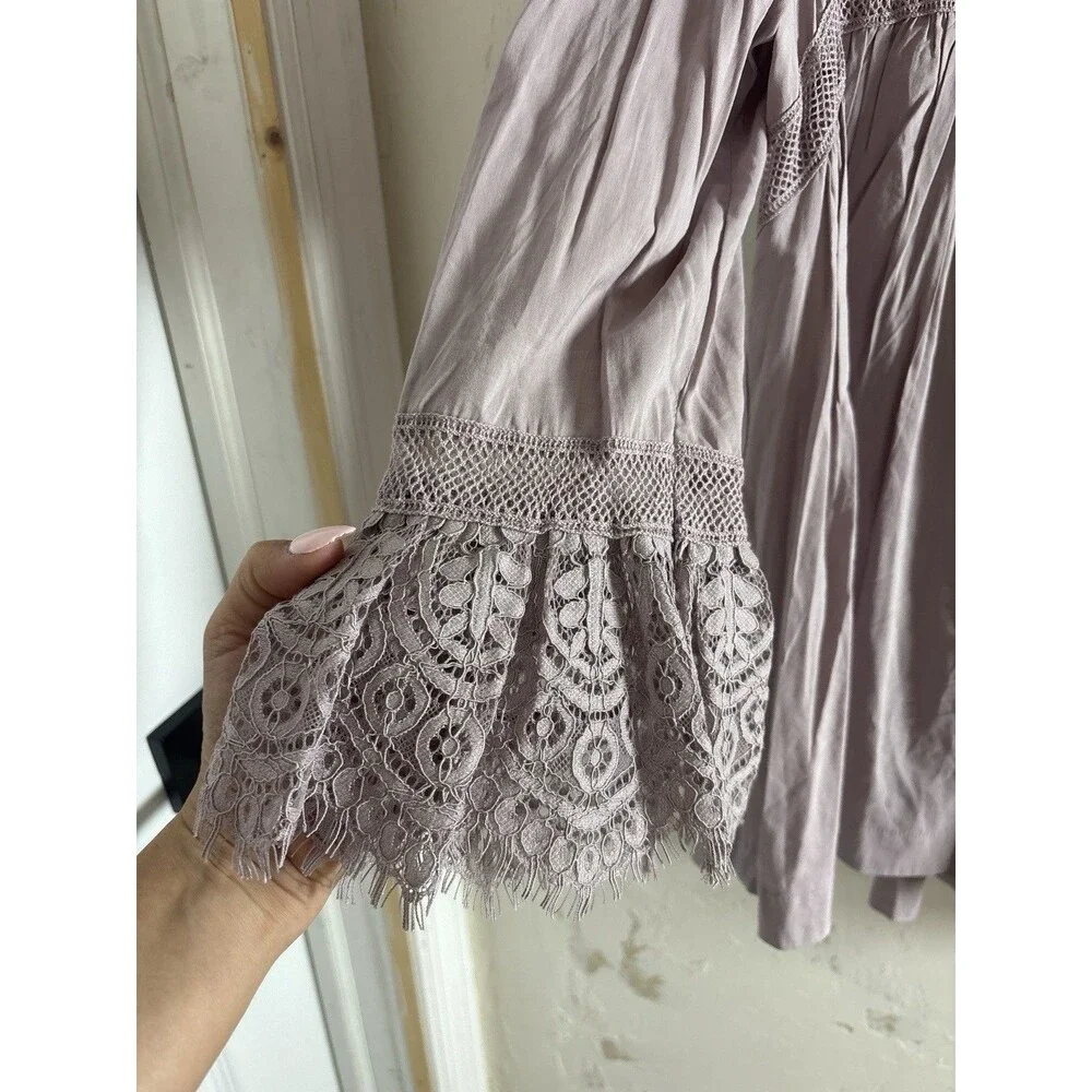 Free People Esme Button Up Blouse Lavender Mauve With Crochet Trim Size M
